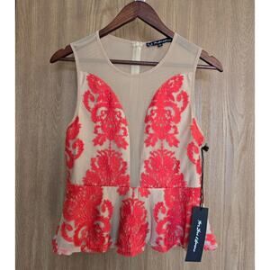 For Love & Lemons Nude Illusion Peplum Plunge Floral Embroidered Top